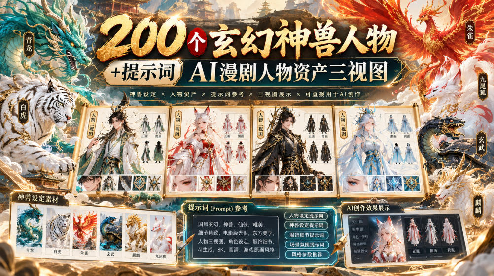 200个玄幻神兽人物+提示词ai漫剧人物资产三视图-智富思维学堂
