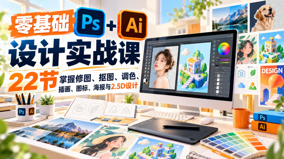 【无水印】零基础PS+AI设计实战课|22节掌握修图、抠图、调色、插画、图标、海报与2.5D设计-智富思维学堂