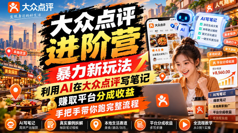 大众点评进阶营,暴力新玩法,利用AI在大众点评写笔记, 賺取平台分成收益,手把手带你跑完整流程-智富思维学堂