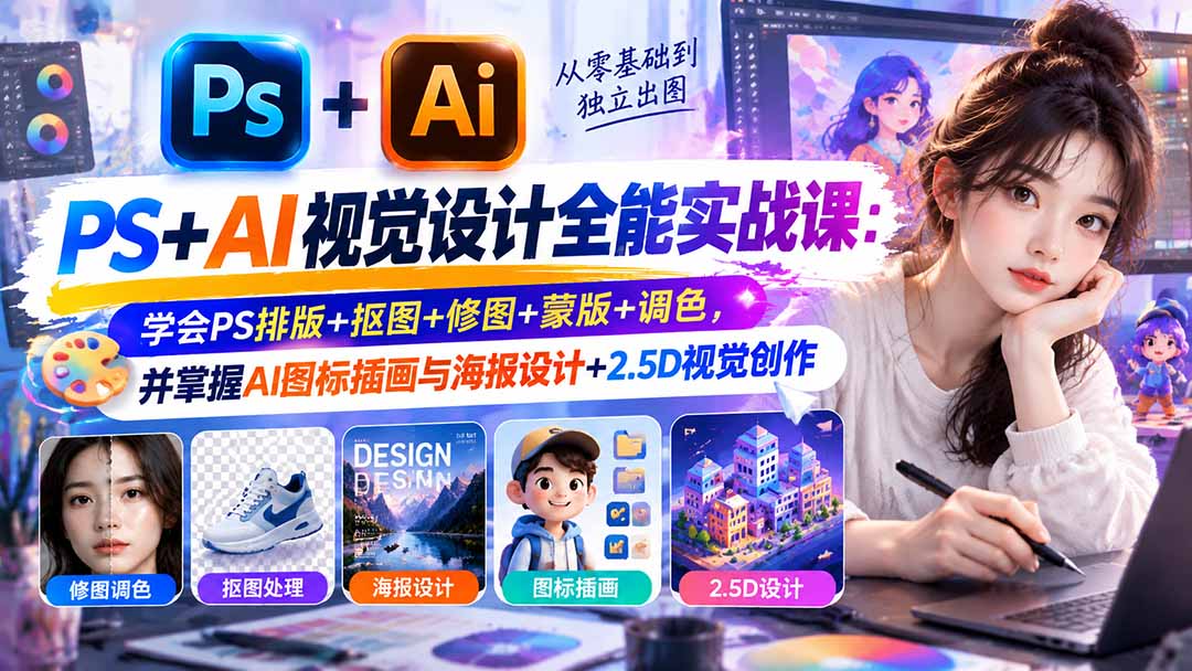 【无水印】PS+AI视觉设计全能实战课:学会PS排版+抠图+修图+蒙版+调色,并掌握AI图标插画与海报设计+2.5D视觉创作-智富思维学堂