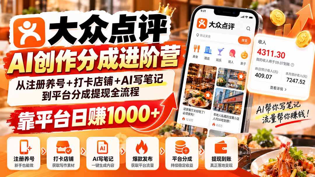 大众点评AI创作分成进阶营:从注册养号+打卡店铺+AI写笔记到平台分成提现全流程,靠平台日赚1000+-智富思维学堂