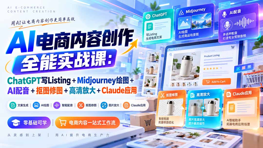 【无水印】AI电商内容创作全能实战课:ChatGPT写Listing+Midjourney绘图+AI配音+抠图修图+高清放大+Claude应用-智富思维学堂
