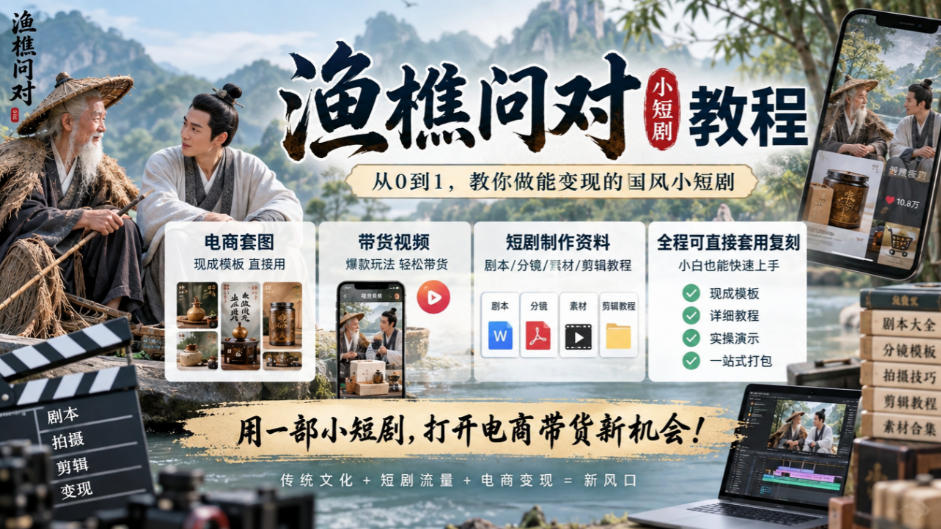 渔樵问对小短剧教程，包含电商套图、带货视频，短剧制作资料，全程可直接套用复刻-智富思维学堂