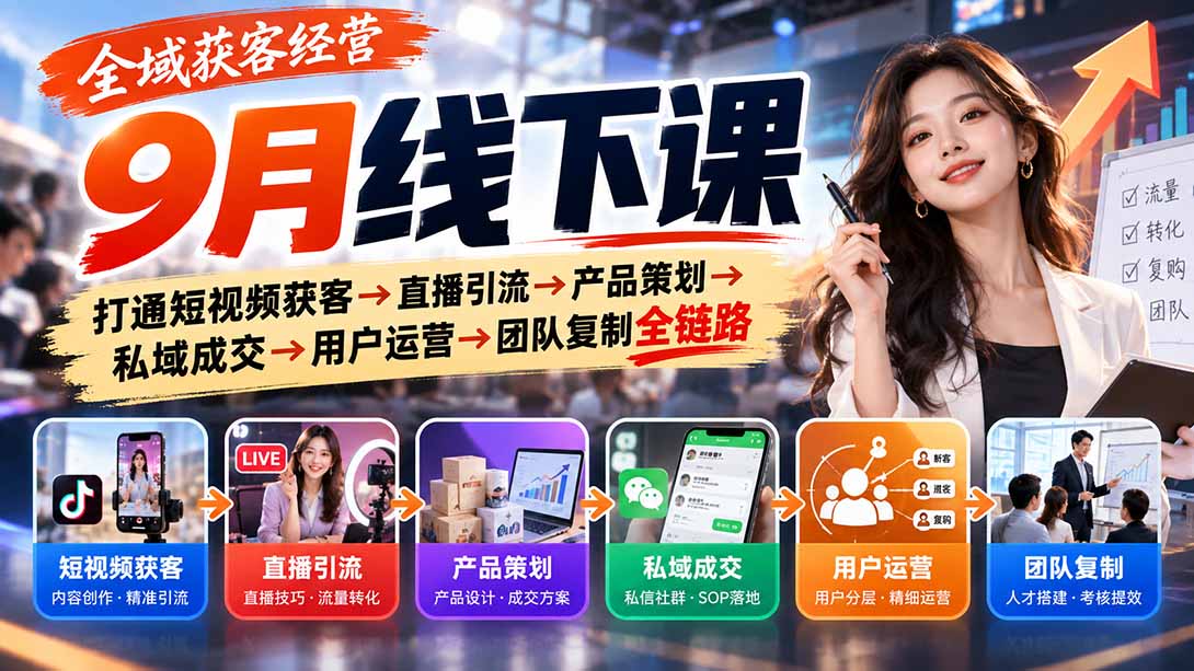 全域获客经营9月线下课:打通短视频获客→直播引流→产品策划→私域成交→用户运营→团队复制全链路-智富思维学堂