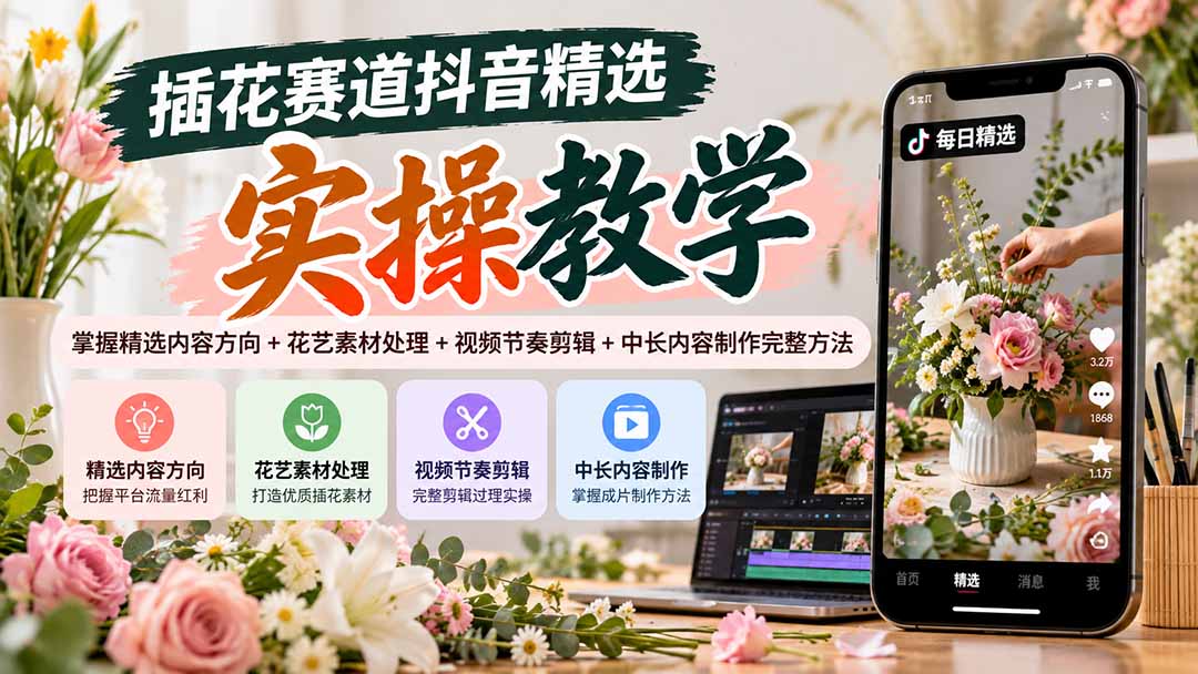 插花赛道抖音精选实操教学:掌握精选内容方向+花艺素材处理+视频节奏剪辑+中长内容制作完整方法-智富思维学堂