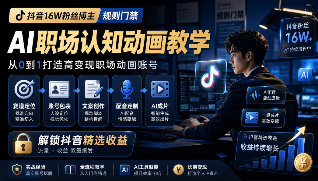 抖音16W粉丝博主规则门禁的AI职场认知动画教学，从赛道定位、账号包装，到文案创作、配音定制、AI成片，解锁抖音精选收益-智富思维学堂