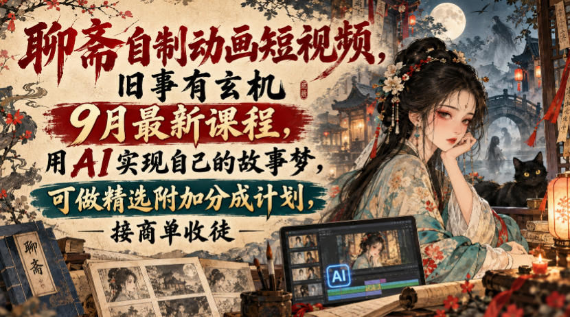 聊斋自制动画短视频，旧事有玄机9月最新课程，用AI实现自己的故事梦，可做精选附加分成计划，接商单收徒-智富思维学堂