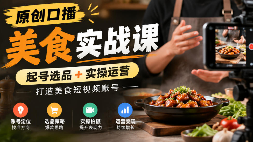 原创口播美食实战课，起号选品+实操运营，打造美食短视频账号-智富思维学堂