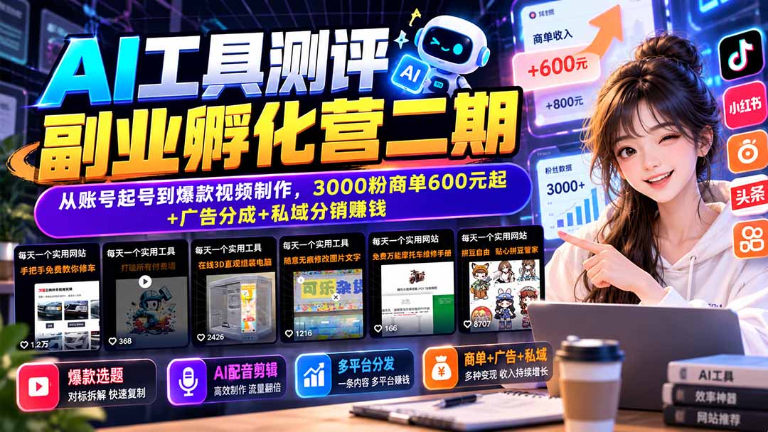 AI工具测评副业孵化营二期:从账号起号到爆款视频制作,3000粉商单600元起+广告分成+私域分销赚钱-智富思维学堂