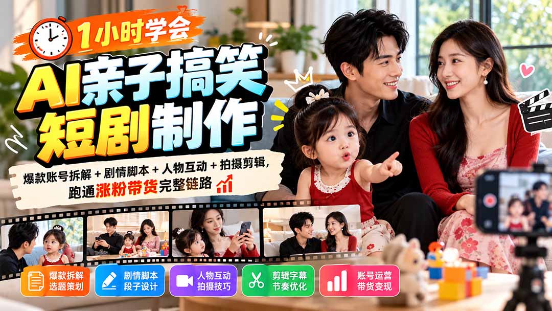 1小时学会AI亲子搞笑短剧制作:爆款账号拆解+剧情脚本+人物互动+拍摄剪辑,跑通涨粉带货完整链路-智富思维学堂
