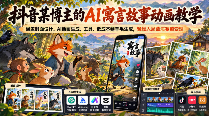 抖音某博主的AI寓言故事动画教学,涵盖封面设计、AI动画生成、工具、低成本薅羊毛生成,轻松入局蓝海赛道变现-智富思维学堂