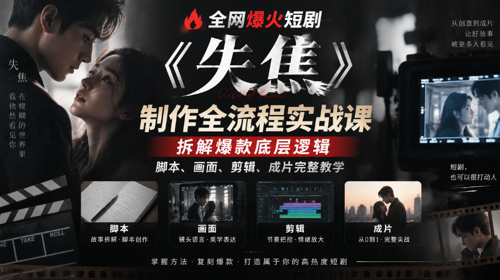 全网爆火短剧《失焦》制作全流程实战课|拆解爆款底层逻辑,脚本、画面、剪辑、成片完整教学-智富思维学堂