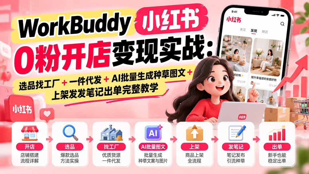WorkBuddy小红书0粉开店变现实战:选品找工厂+一件代发+AI批量生成种草图文+上架发发笔记出单完整教学-智富思维学堂