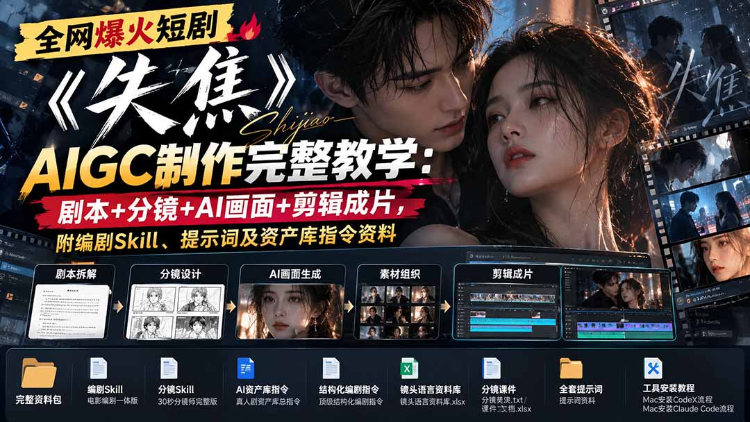 全网爆火短剧《失焦》AIGC制作完整教学：剧本+分镜+AI画面+剪辑成片，附编剧Skill、提示词及资产库指令资料-智富思维学堂