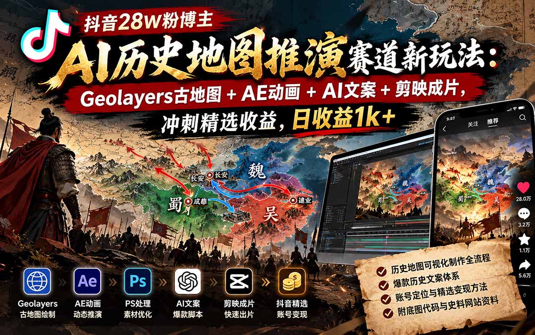 抖音28W粉博主AI历史地图推演赛道新玩法:Geolayers古地图+AE动画+AI文案+剪映成片,冲刺精选收益,日收益1k+-智富思维学堂