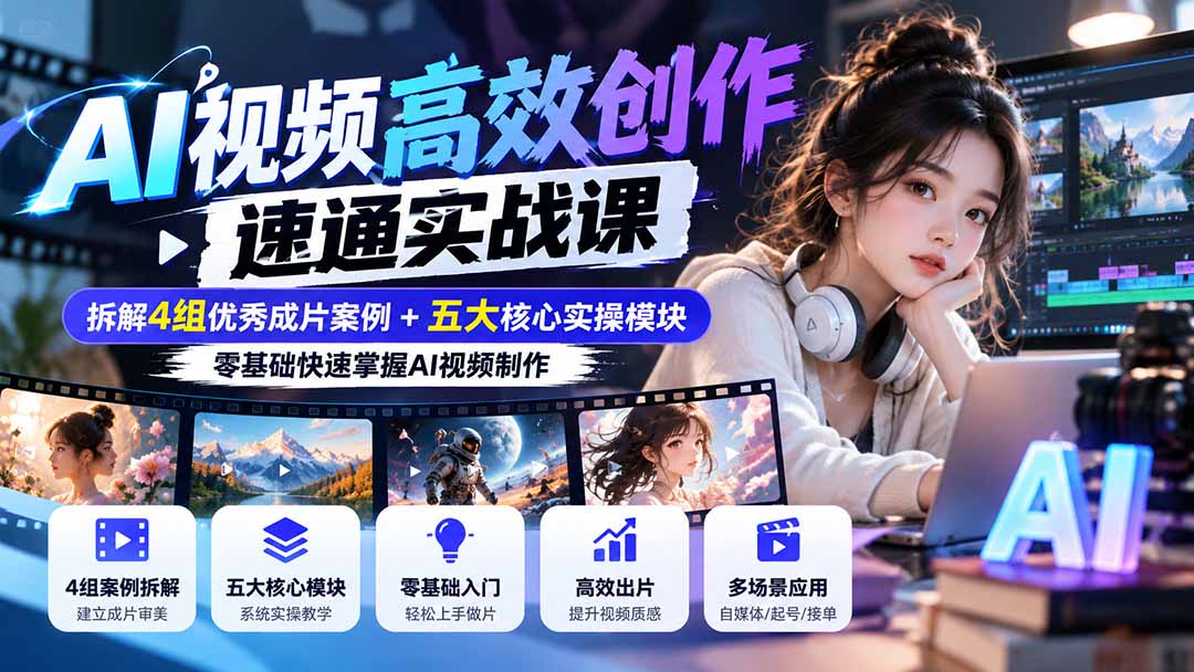 【无水印】AI视频高效创作速通实战课:拆解4组优秀成片案例+五大核心实操模块,零基础快速掌握AI视频制作-智富思维学堂