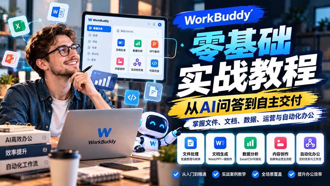 WorkBuddy零基础实战教程:从AI问答到自主交付,掌握文件、文档、数据、运营与自动化办公-智富思维学堂