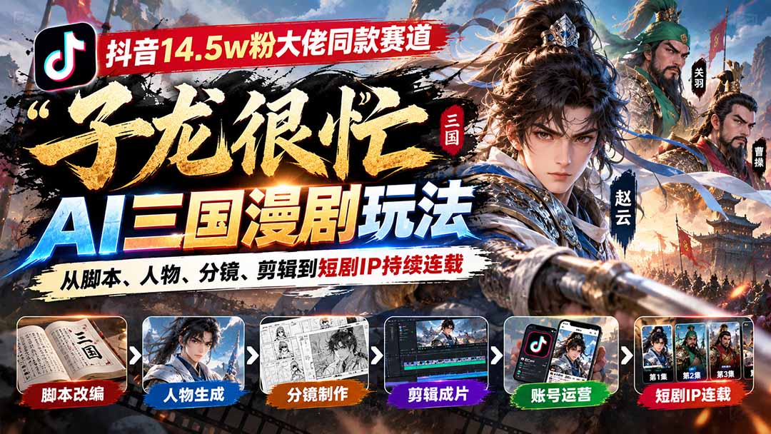 抖音14.5w粉大佬同款赛道「子龙很忙」AI三国漫剧玩法:从脚本、人物、分镜、剪辑到短剧IP持续连载-智富思维学堂