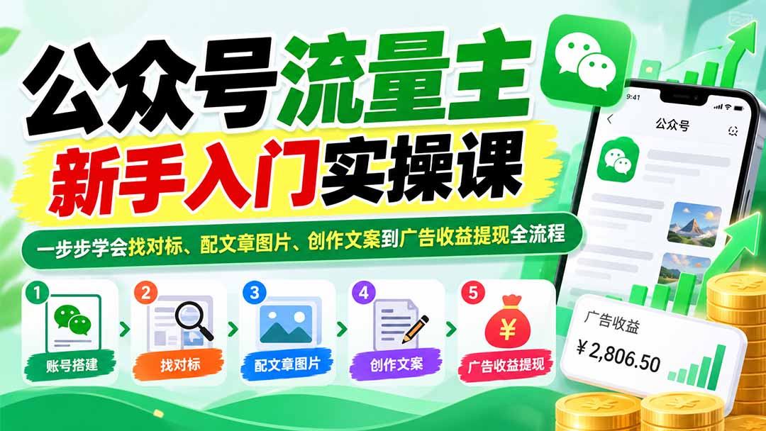 公众号流量主新手入门实操课:一步步学会找对标、配文章图片、创作文案到广告收益提现全流程-智富思维学堂