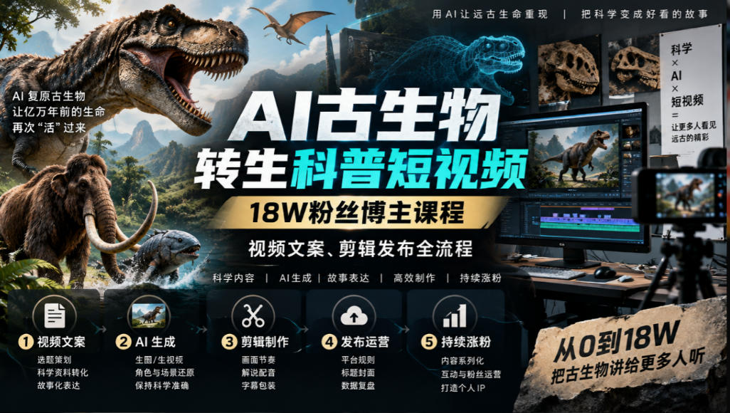 AI古生物转生科普短视频，18W粉丝博主课程，视频文案、剪辑发布全流程-智富思维学堂