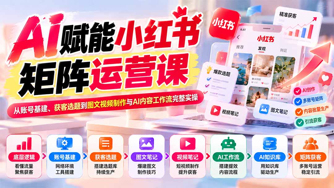 AI赋能小红书矩阵运营课:从账号基建、获客选题到图文视频制作与AI内容工作流完整实操-智富思维学堂