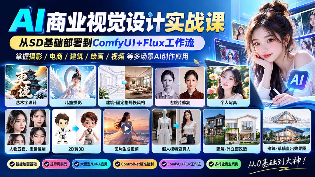 【无水印】AI商业视觉设计实战课:从SD基础部署到ComfyUI+Flux工作流,掌握摄影电商建筑AI创作-智富思维学堂