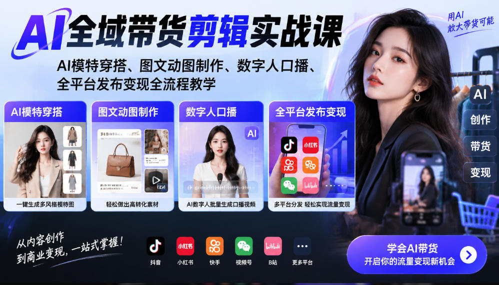 AI全域带货剪辑实战课|AI模特穿搭、图文动图制作、数字人口播、全平台发布变现全流程教学-智富思维学堂