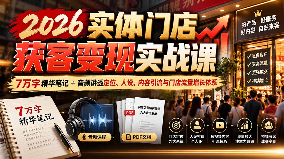 2026实体门店获客变现实战课：7万字精华笔记+音频讲透定位、人设、内容引流与门店流量增长体系-智富思维学堂