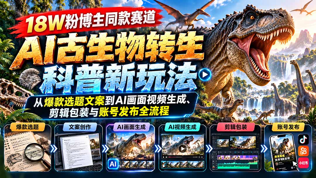 18W粉博主同款赛道-AI古生物转生科普新玩法:从爆款选题文案到AI画面视频生成、剪辑包装与账号发布全流程-智富思维学堂