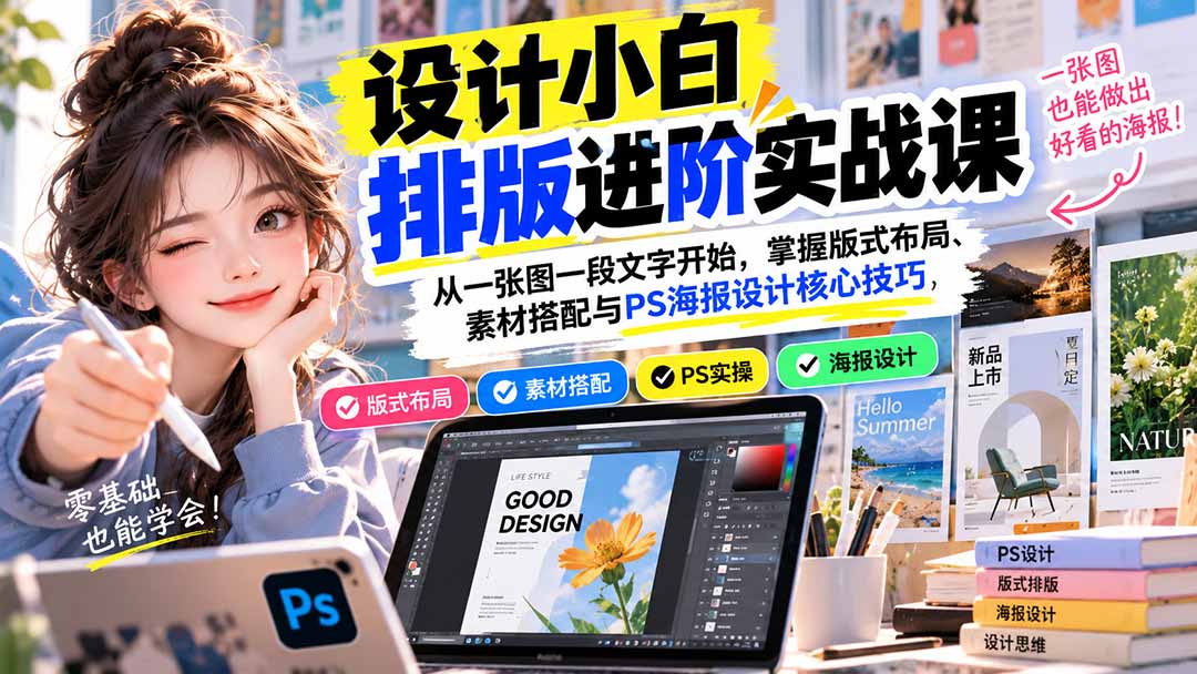 设计小白排版进阶实战课:从一张图一段文字开始,掌握版式布局、素材搭配与PS海报设计核心技巧-智富思维学堂