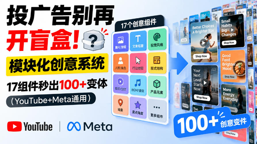 投广告别再开盲盒!模块化创意系统,17组件秒出100+变体(YouTube+Meta通用)【原创双语字幕】-智富思维学堂