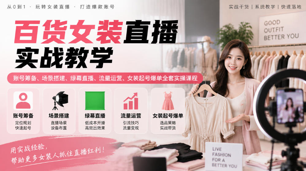 百货女装直播实战教学｜账号筹备、场景搭建、绿幕直播、流量运营、女装起号爆单全套实操课程-智富思维学堂