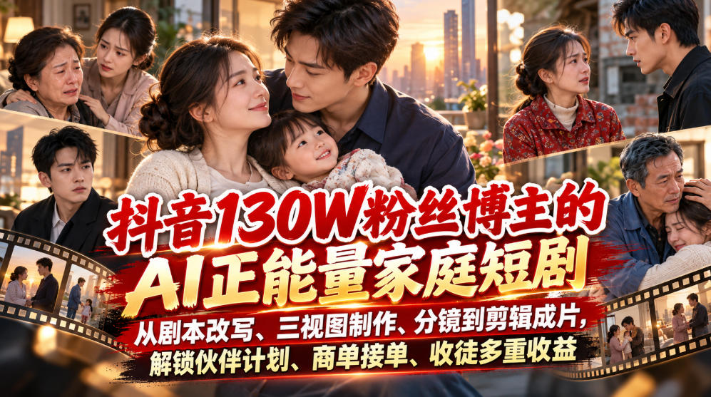 抖音130W粉丝博主的AI正能量家庭短剧，从剧本改写、三视图制作、分镜到剪辑成片，解锁伙伴计划、商单接单、收徒多重收益(更新1007)-智富思维学堂