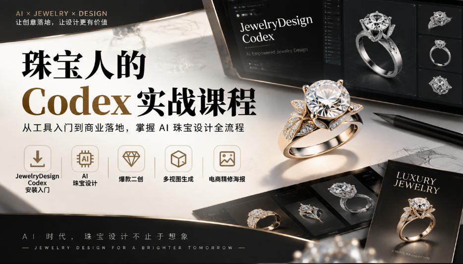 珠宝人的Codex实战课程｜JewelryDesign Codex安装入门、AI珠宝设计、爆款二创、多视图生成、电商精修海报全链路教学-智富思维学堂