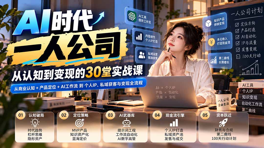 【无水印】AI时代一人公司30堂实战课：从商业认知+产品定位+AI工作流到个人IP、私域获客与变现全流程-智富思维学堂