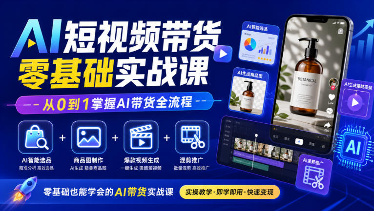 AI短视频带货零基础实战课|AI智能选品+商品图制作+爆款视频生成+混剪推广,从0到1掌握AI带货全流程-智富思维学堂