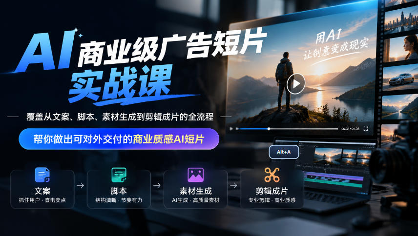AI商业级广告短片实战课,覆盖从文案、脚本、素材生成到剪辑成片的全流程,帮你做出可对外交付的商业质感AI短片-智富思维学堂