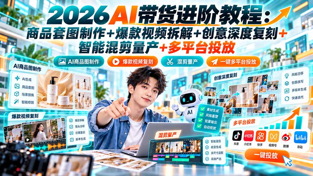 2026AI带货进阶教程:商品套图制作+爆款视频拆解+创意深度复刻+智能混剪量产+多平台投放-智富思维学堂