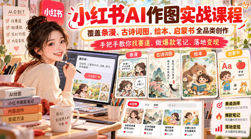 小红书AI作图实战课程,覆盖条漫、古诗词图、绘本、启蒙书全品类创作,手把手教你找赛道、做爆款笔记、落地变现(更新1009)-智富思维学堂
