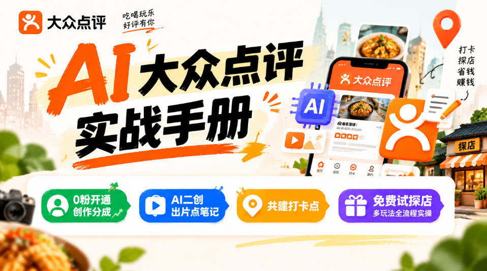 某局的AI大众点评实战手册,0粉开通创作分成、AI二创出片点笔记、共建打卡点、免费试探店多玩法全流程实操-智富思维学堂