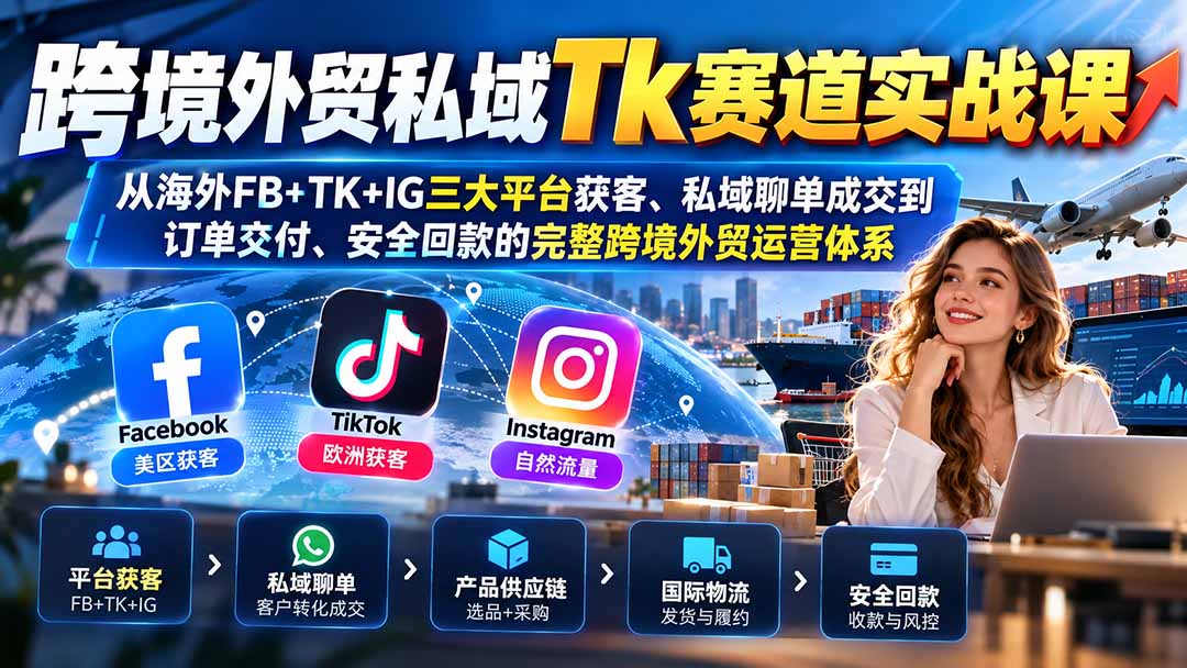 跨境外贸私域Tk赛道实战课：从海外FB+TK+IG三大平台获客、私域聊单成交到订单交付、安全回款的完整跨境外贸运营体系-智富思维学堂