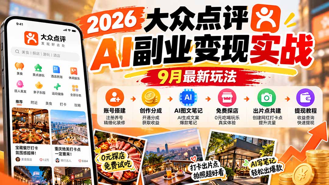 2026大众点评AI副业变现实战9月最新玩法:账号搭建+创作分成+AI图文笔记+免费探店+出片点共建与提现教程-智富思维学堂