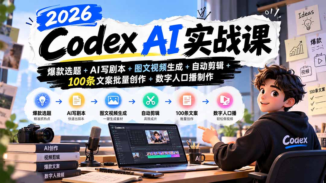 2026Codex AI实战课：爆款选题+AI写剧本+图文视频生成+自动剪辑+100条文案批量创作+数字人口播制作-智富思维学堂