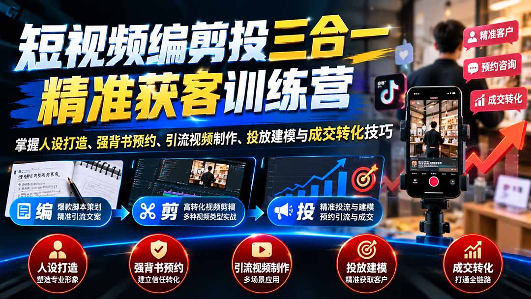 短视频编剪投三合一精准获客训练营:掌握人设打造、强背书预约、引流视频制作、投放建模与成交转化技巧-智富思维学堂