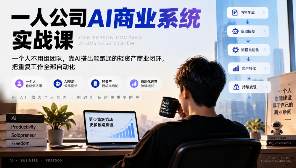 一人公司AI商业系统实战课，一个人不用组团队，靠AI搭出能跑通的轻资产商业闭环，把重复工作全部自动化-智富思维学堂