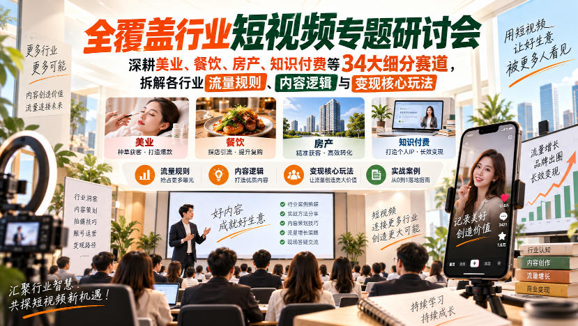 短视频专题研讨会,深耕美业、餐饮、房产、知识付费等34大细分赛道,拆解各行业流量规则、内容逻辑与变现核心玩法(更新1011)-智富思维学堂