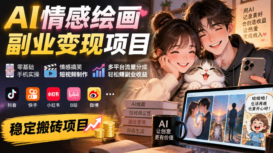 AI情感绘画副业变现项目|零基础手机实操,情感搞笑短视频制作,多平台流量分成轻松賺副业收益-智富思维学堂
