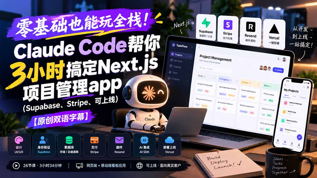 零基础也能玩全栈！Claude Code帮你3小时搞定Next.js项目管理app(Supabase、Stripe、可上线-智富思维学堂