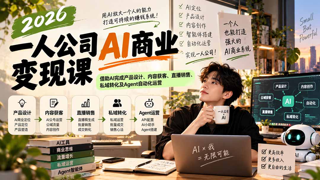 图片[2]-2026一人公司AI商业变现课：借助AI完成产品设计、内容获客、直播销售、私域转化及Agent自动化运营-智富思维学堂