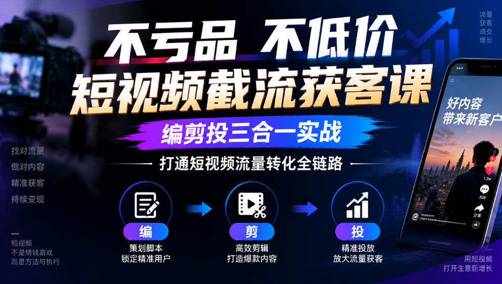 不亏品不低价短视频截流获客课,编剪投三合一实战,打通短视频流量转化全链路-智富思维学堂